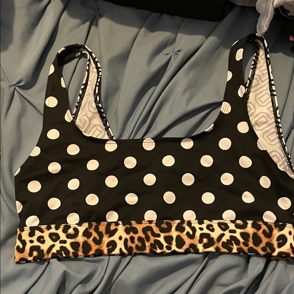 PINK Victoria's Secret Black and White Polka Dot Bra with Leopard Trim